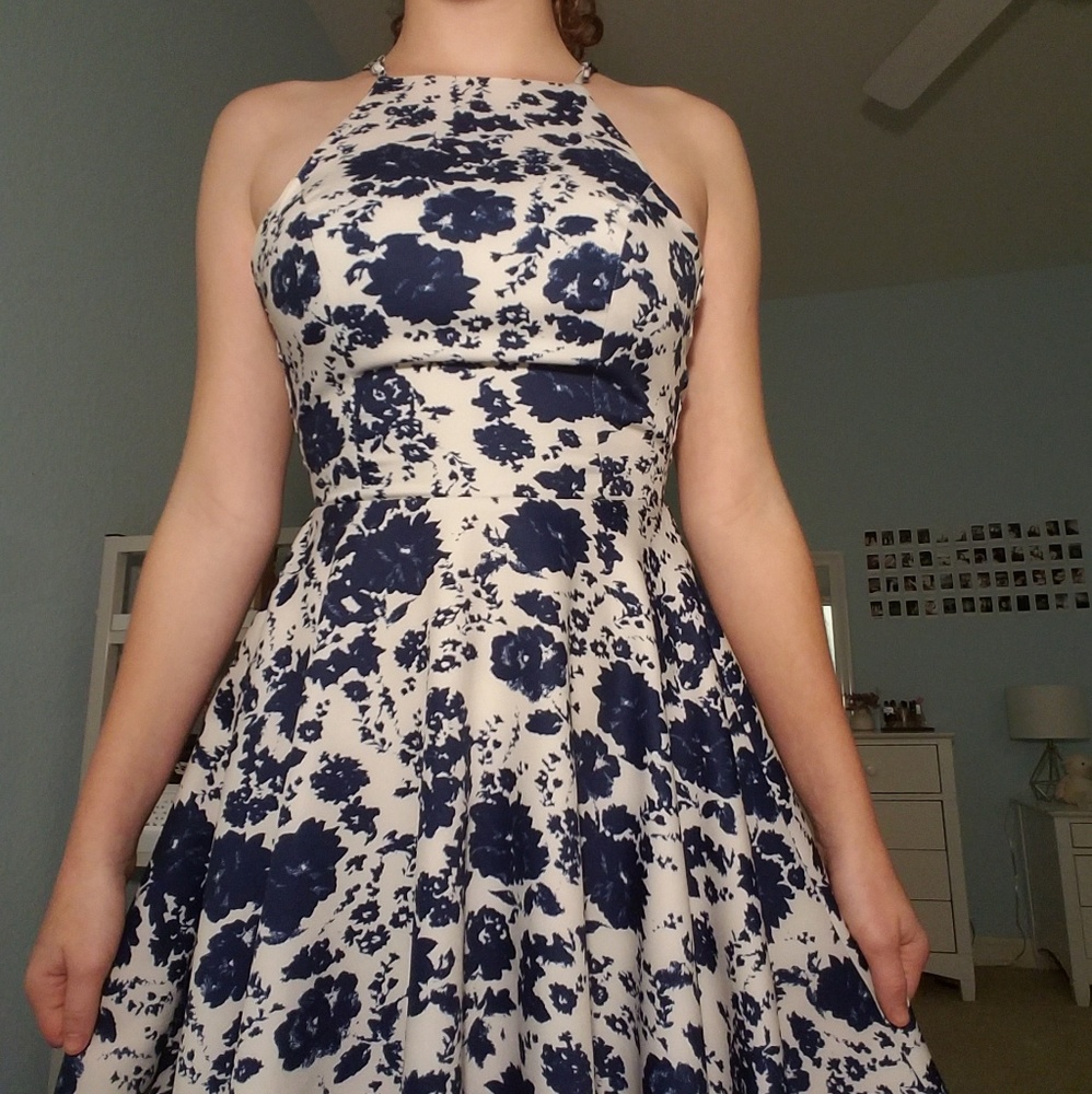 super cute blue lulus floral fit and flare dress